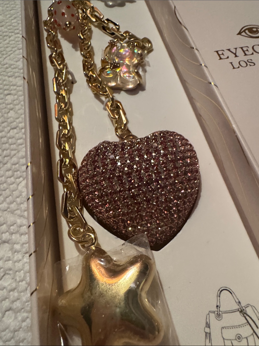eyecandy Gold Chain Key Charm with Pink Glitter Heart & Gold Star - Picture 2 of 8